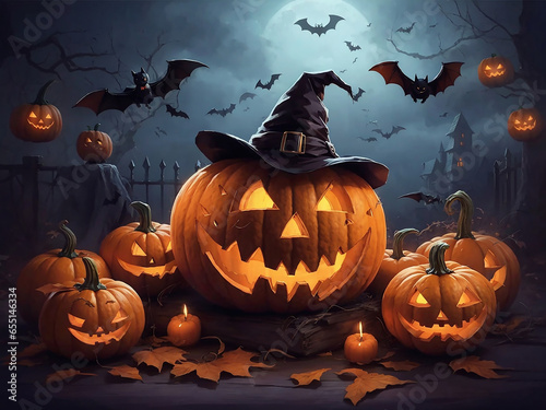 Happy Halloween. Jack pumpkin in a witch hat, pumpkins and bats against the background of a mystical foggy night. Created with Generative AI technology.