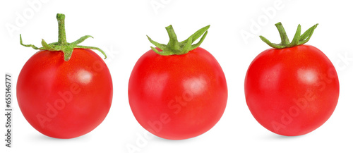 Set with fresh ripe cherry tomatoes isolated on white