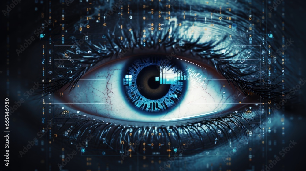 Close-up of female eye with digital binary code.