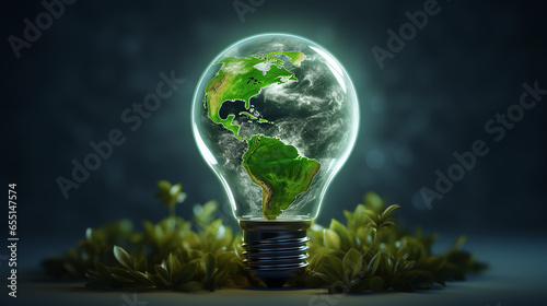 An earth in a light bulb with grass inside