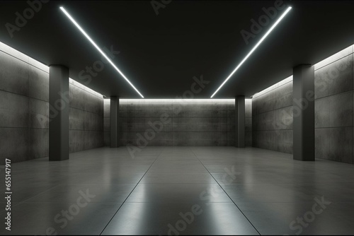 Contemporary empty hall with concrete floor, dark wall, and sequential LED lights on top. Simulated. Generative AI © Aradia