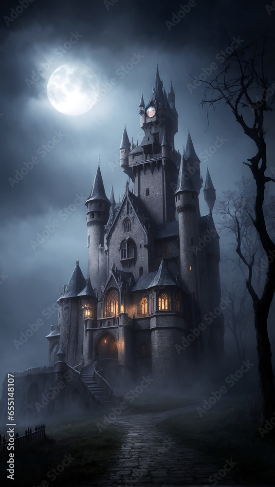 Gothic haunted mansion, spooky old gothic castle, foggy night, for Halloweenl concept. Created with Generative AI Tools	