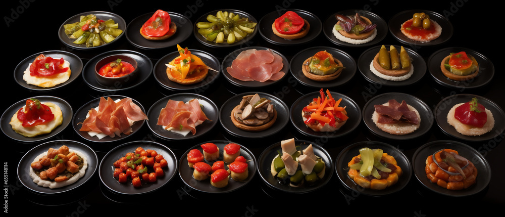 A close-up of an assortment of traditional Tapas appetizers. A close-up of an assortment of traditional Tapas appetizers.