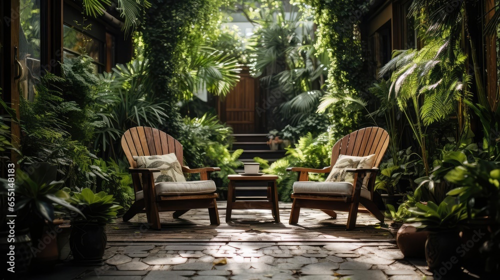 cozy courtyard garden with chairs and plants