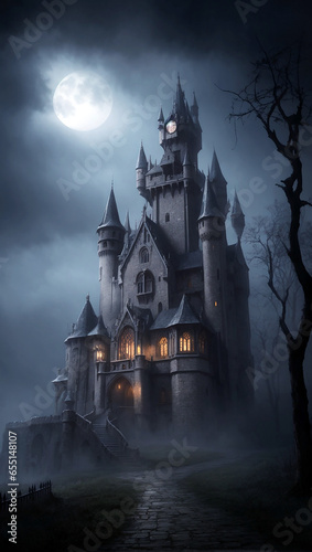 Gothic haunted mansion, spooky old gothic castle, foggy night, for Halloweenl concept. Created with Generative AI Tools	