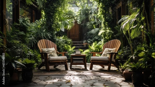 cozy courtyard garden with chairs and plants