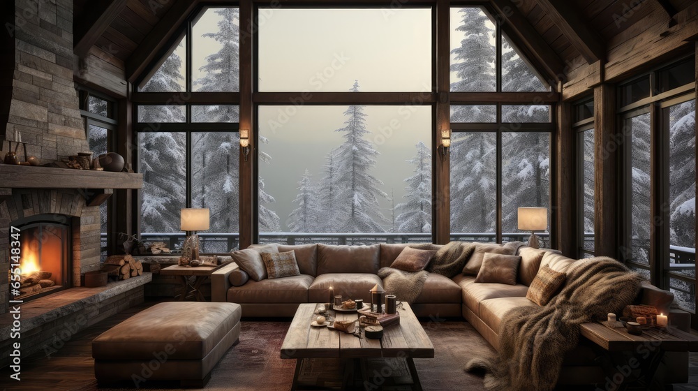 cozy peacful warm living room with snow outside the windows