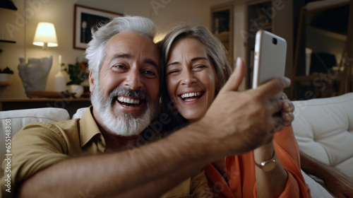 Attractive happy older spouses spend weekend time on couch in living room take selfies on smartphone together, talk on video call, use mobile shopping application, enjoy quiet family pastime at home