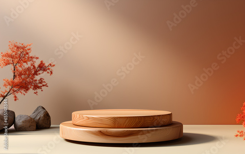 wooden podium for display product. Background for product branding, identity and packaging, cosmetic product display background, skincare, beauty treatment product background	