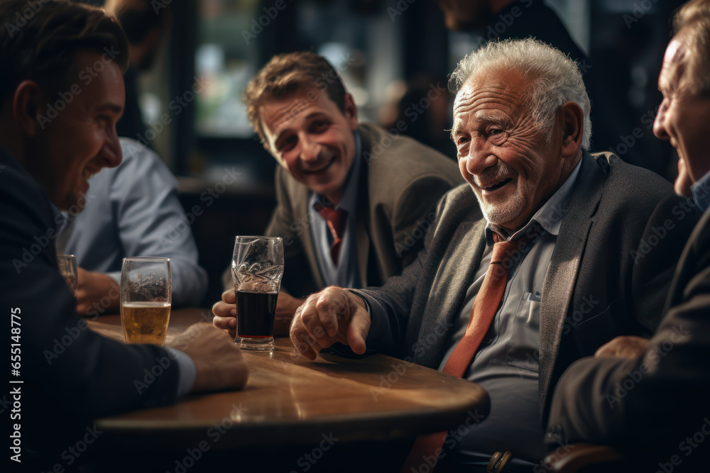 An elderly gentleman reminiscing with friends, showcasing the significance of social connections in later life. Generative Ai.