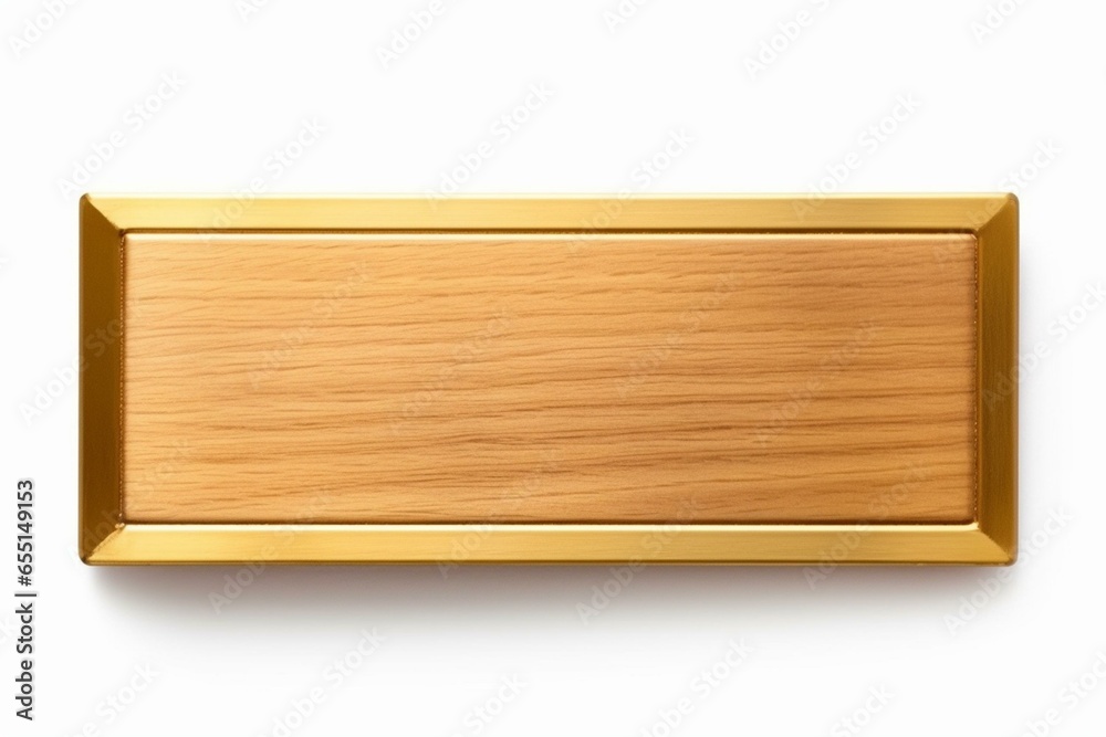 Golden nameboard in wooden frame on white background. Generative AI