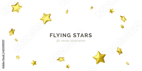 Flying golden stars. Party background falling confetti. 3d gold stars