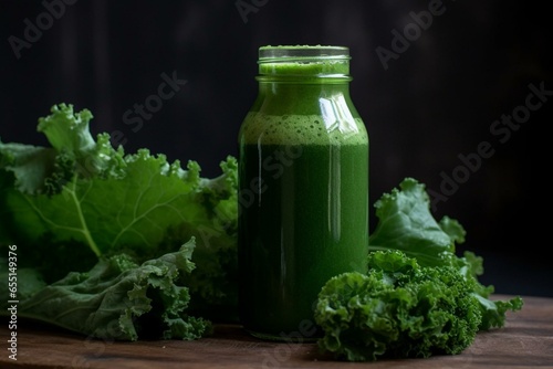 a painted bottle of green juice with kale leaves in the background. Generative AI