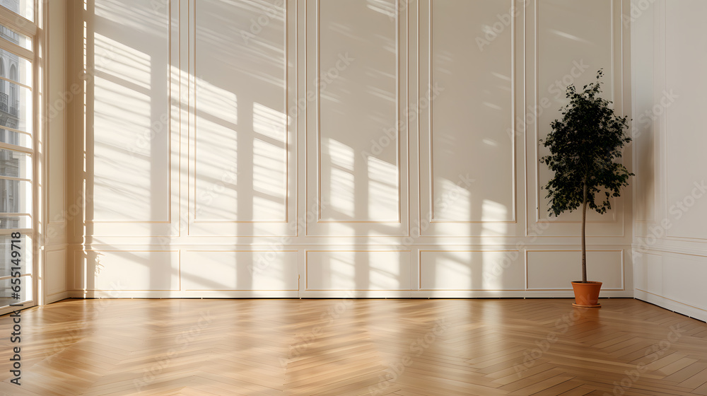 3d render of a living room with a large window, sun light and a wooden floor - obrazy, fototapety, plakaty 