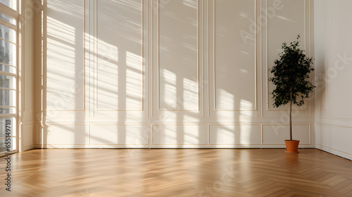 3d render of a living room with a large window, sun light and a wooden floor photo