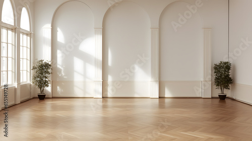 3d render of a living room with a large window  sun light and a wooden floor