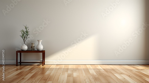 3d render of a living room with a large window, sun light and a wooden floor