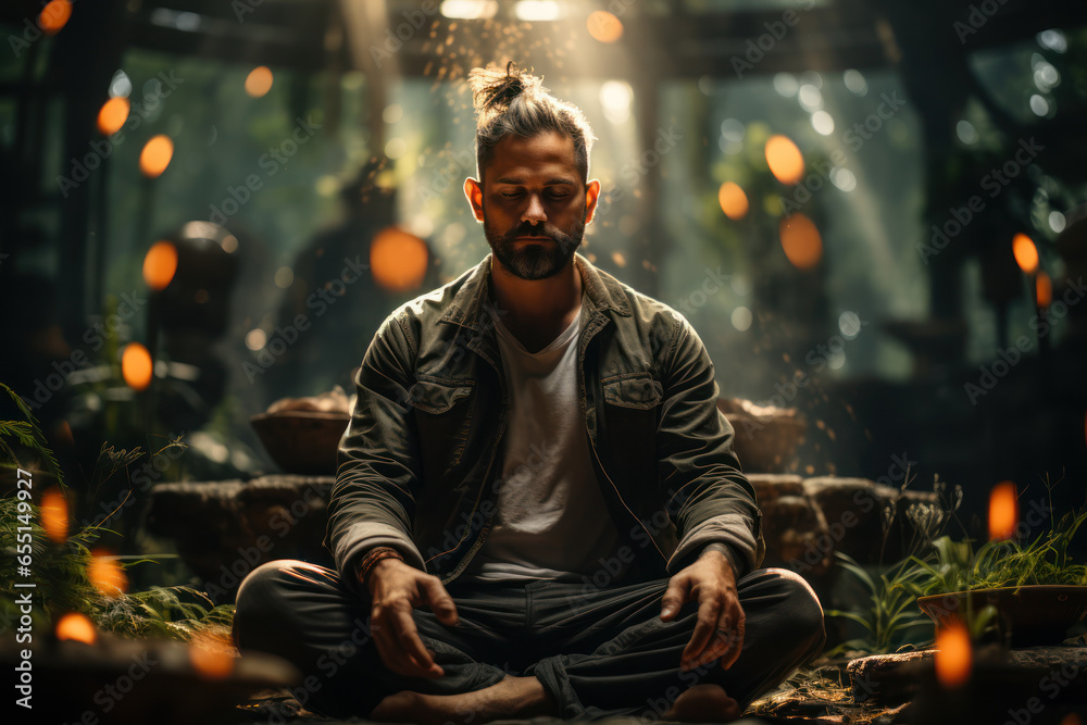 A person meditating in a serene environment, illustrating the growing interest in mental wellness and mindfulness. Generative Ai. - obrazy, fototapety, plakaty 