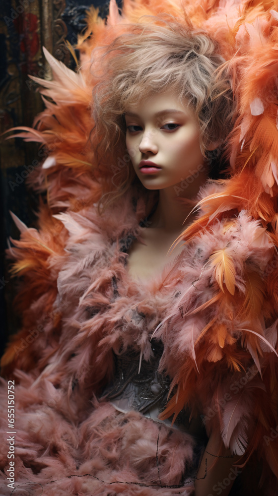 Portrait of a woman with feathers. Muted palettes. Futuristic fashion. Decadent decay Portrait of a woman with feathers. Muted palettes. Futuristic fashion. Decadent decay
