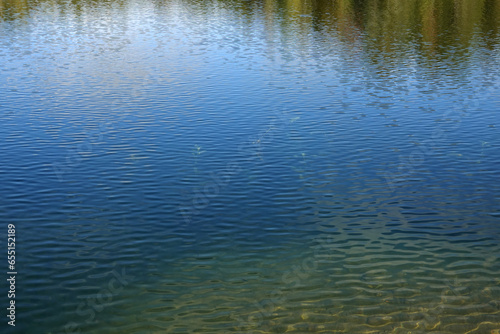 Lot of clear water in calm deep countryside lake close up view