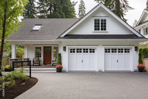 Garage door with a driveway in front. photo