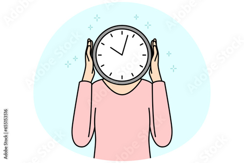 Person with clock instead of head. Man or woman with watch worried about missed deadline. Time management. Vector illustration.