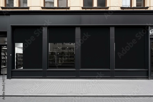 Outdoor storefront template with black facade, windows display, and blank posters. Generative AI