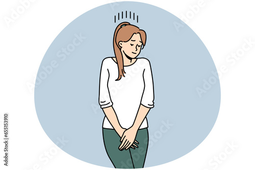 Young woman suffer from cystitis or urinary infection feel desire to pee. Unhealthy female struggle with urinal disease. Vector illustration.