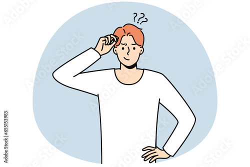 Frustrated young man think of problem solution. Pensive guy feel confused and doubtful solving trouble or issue. Dilemma. Vector illustration.