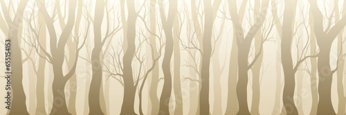Forest in fog, trees without leaves, sepia tones, natural background, banner