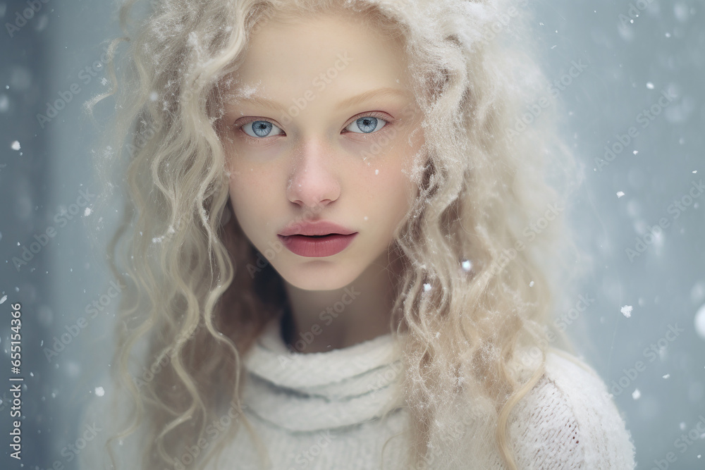 portrait of beautiful smiling young albino woman standing under snowing