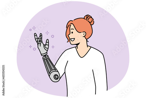 Smiling young woman with bionic arm. Happy female with prosthesis feeling optimistic. Disability and technology. Vector illustration.