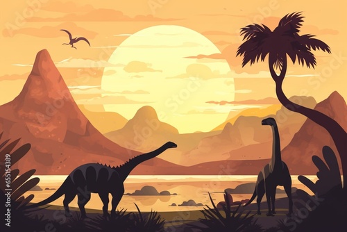 Daytime dinosaur landscape with brachiosaurus and stegosaurus. Generative AI © Zephyrine