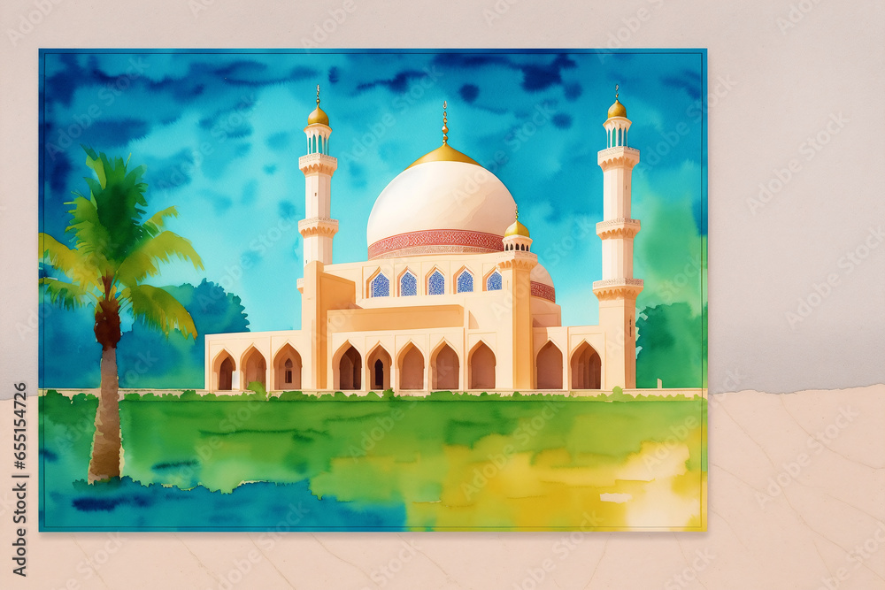 Beautiful old mosque. Islamic background. Eid-al-Adha. Ramadan. Copy space. Generative AI