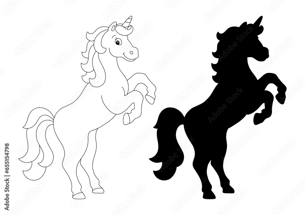 Fototapeta premium Black silhouette unicorn. Design element. Vector illustration isolated on white background. Template for books, stickers, posters, cards, clothes.