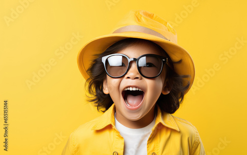 Portrait of kid in solid color clothing, wearing hat and opening mouth, laughing and excited © hakule