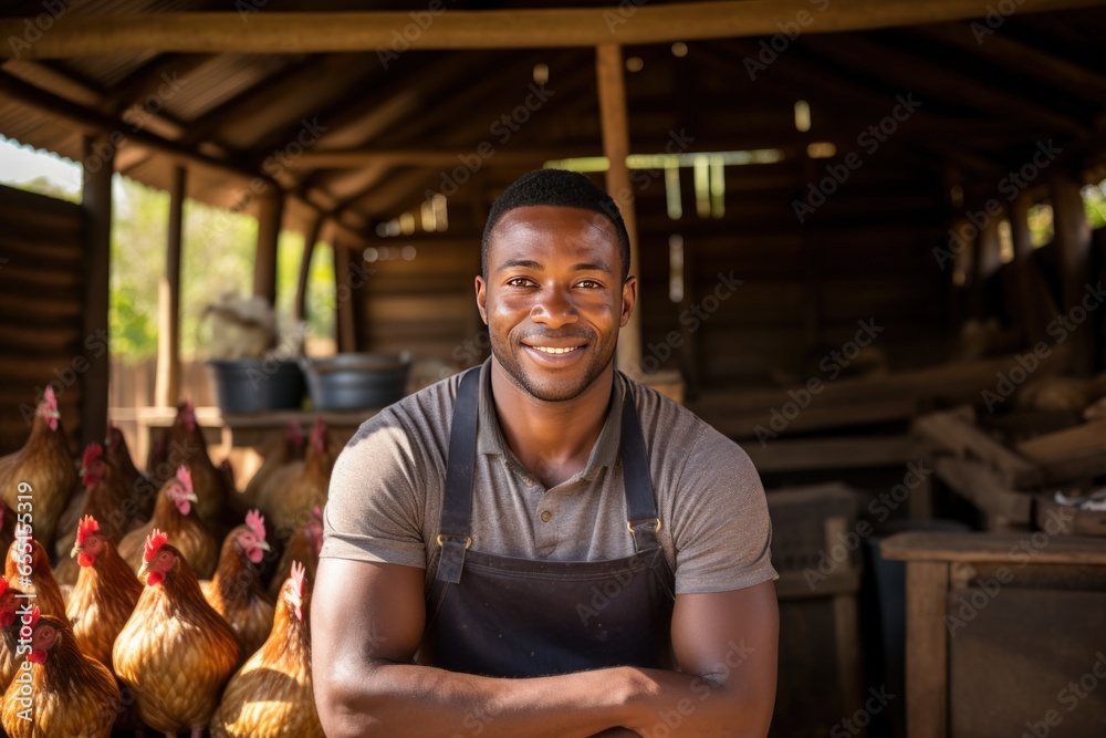 African Farmer man smiling looking at camera working in a chicken bag. modern farmer use tablet working in farm African Farmer man smiling looking at camera working in a chicken bag. modern farmer use tablet working in farm