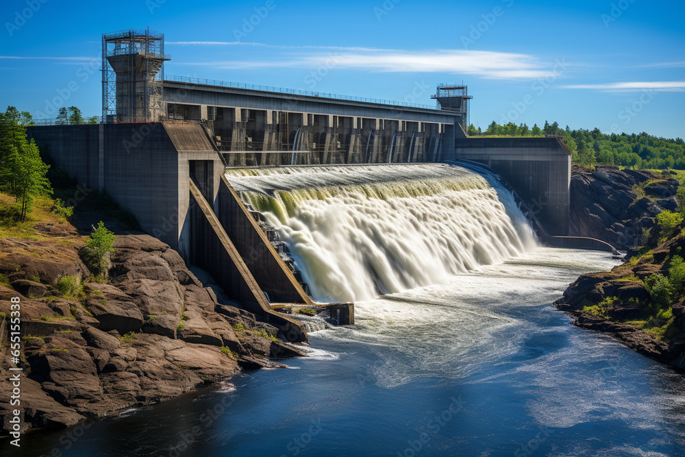 photo showcasing a dam as a vital component of a green energy infrastructure network, connecting renewable sources to power homes and industries