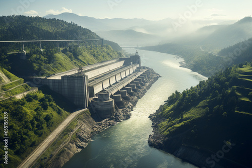 photo showcasing a dam as a vital component of a green energy infrastructure network, connecting renewable sources to power homes and industries