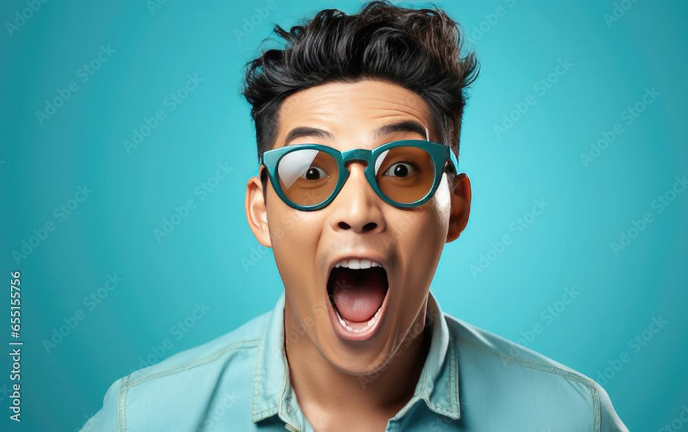 Portrait of fashion man in solid color clothing, excited, opening mouth and laughing