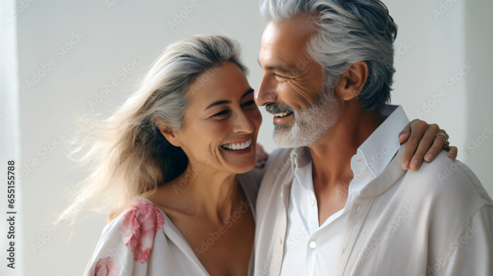 Beautiful gorgeous 50s mid age elderly senior model couple with grey hair laughing and smiling. Mature old man and woman close up portrait. Healthy face skin care beauty, skincare cosmetics, dental - obrazy, fototapety, plakaty 