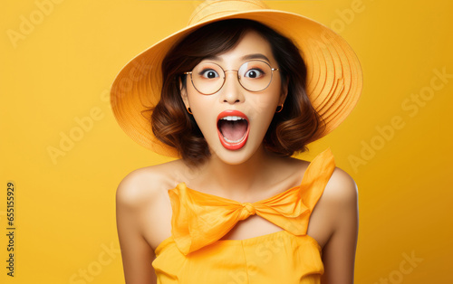 Portrait of fashion girl in solid color clothing, excited, opening mouth and laughing