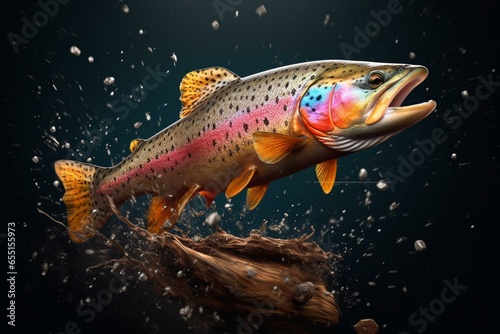 Trout leaping from water  creating splashes in 3D render. Generative AI