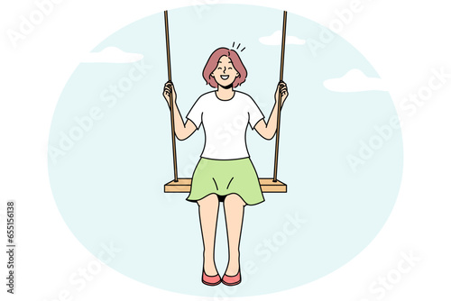 Smiling young woman sit on swing in clouds dreaming. Happy girl swaying on tilt in sky. Dreamer and visualization. Vector illustration.