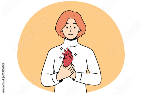 Smiling young man holding heart in hands. Happy female demonstrate healthy heart. Cardiovascular problem and healthcare. Vector illustration.
