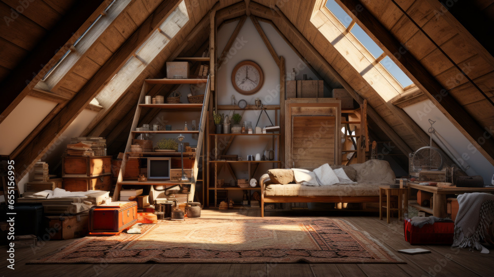 A cozy attic space with slanted ceilings, a vintage trunk, and a skylight A cozy attic space with slanted ceilings, a vintage trunk, and a skylight