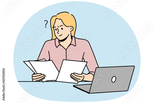 Frustrated woman working with paperwork busy at laptop. Confused female employee consider documents at workplace. Vector illustration. © Dzianis Vasilyeu