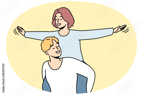 Happy young woman piggyback smiling man have fun together. Loving guy carrying on shoulders excited girl. Love and relationships. Vector illustration.