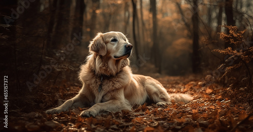 Golden Retriever lying in the autumn forest with fallen leaves.