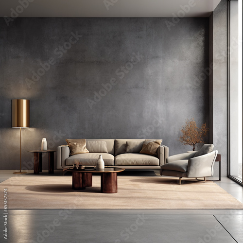 Terra cotta velvet sofa and wooden coffee table near blocks paneling wall. Loft style home interior design of modern living room. Generative AI 